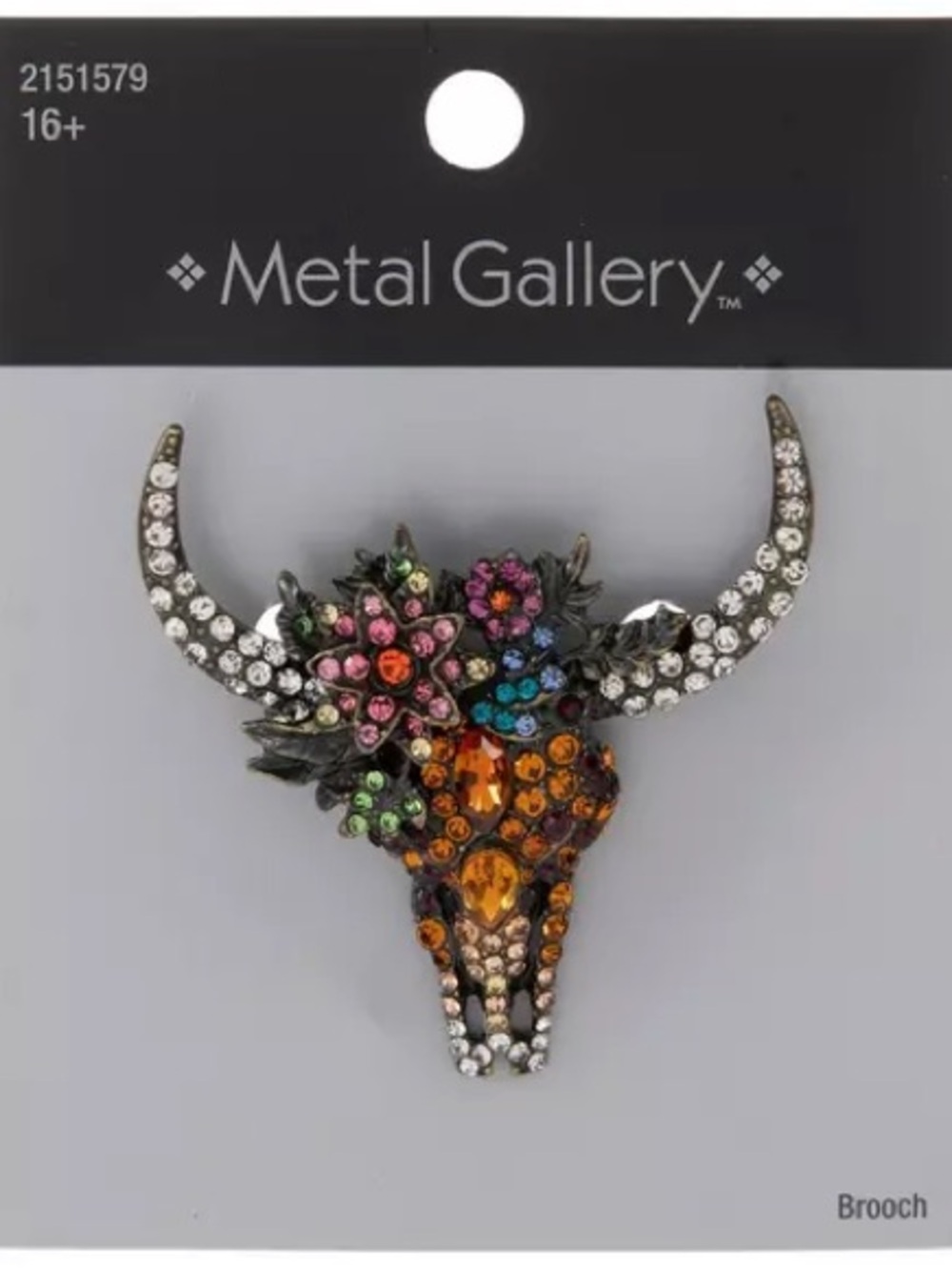 New Metal Gallery Jeweled Bull Skull Brooch - Multicolor Crystal
